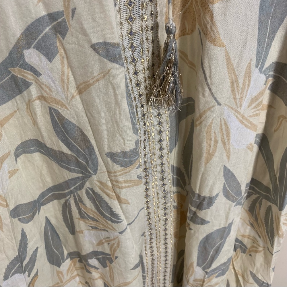 Z&L Tropical Leaf Print Kaftan Maxi Dress Metallic Embroidery Tassel - Picture 14 of 14